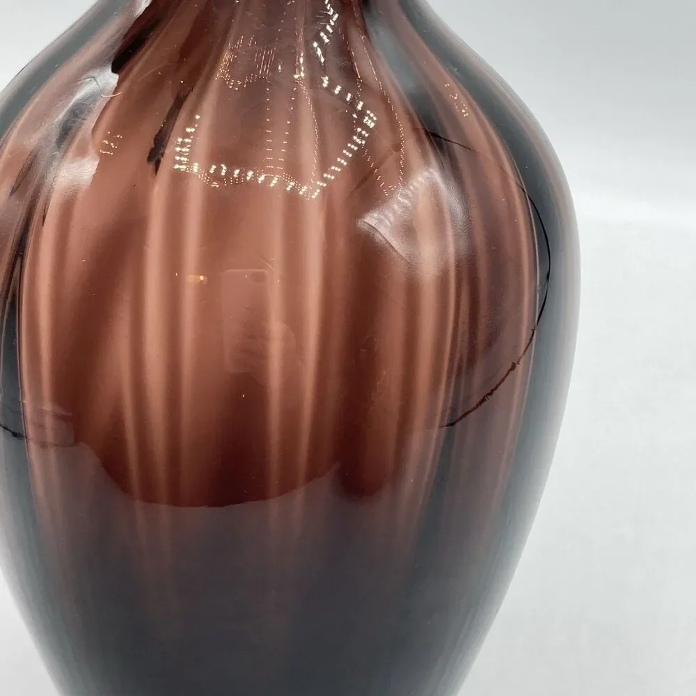 Vtg Handblown Art Glass Amethyst Ribbed Optic Jug Applied Clear Handle 8.75